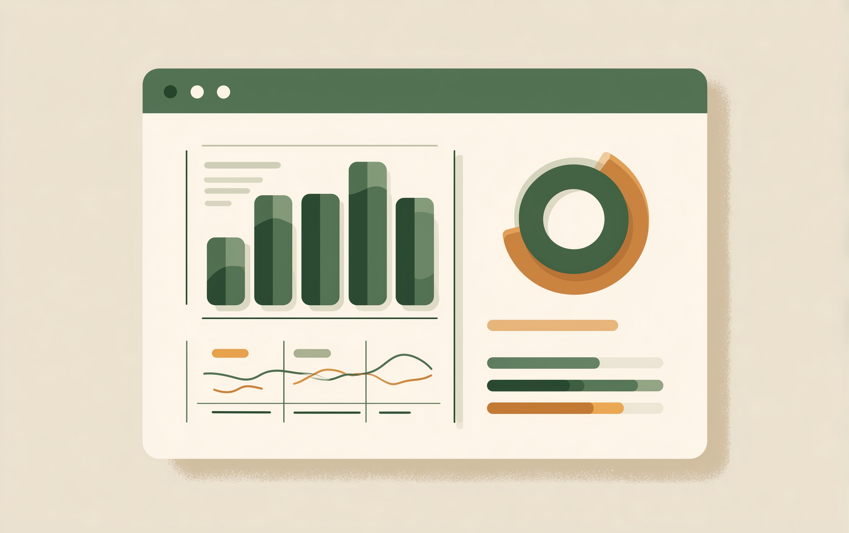 Flat UI illustration of a profit analytics panel with a vertical bar chart and a donut chart showing breakdowns by bet type and bookmaker